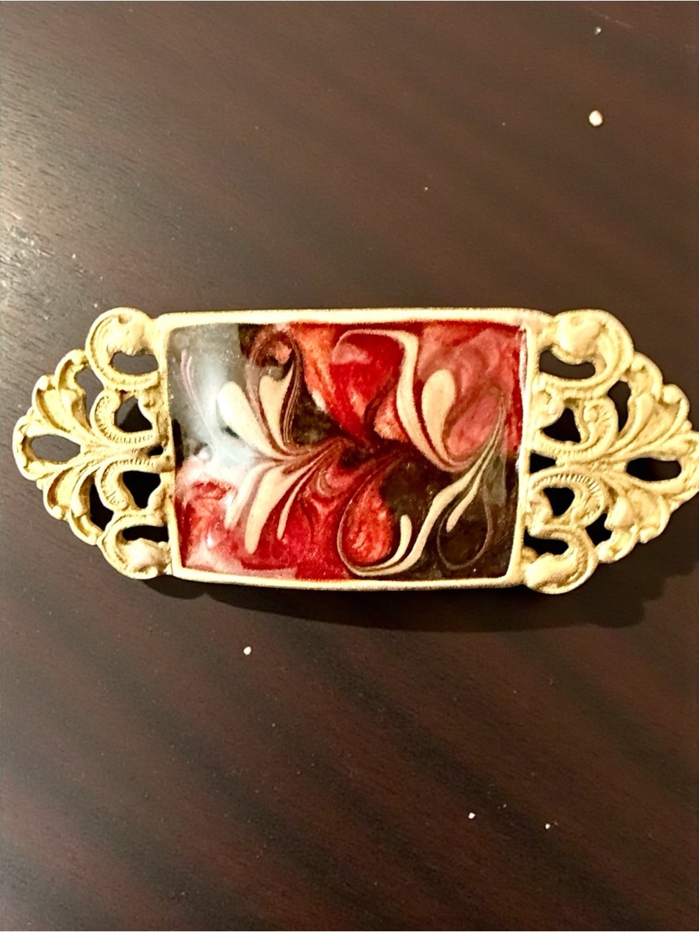 Brooch in Red, Gold  & Black Swirl Enamel Filigree Vintage Mid Century